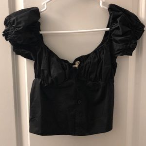 Black Milkmaid Button Puff Sleeve Top
